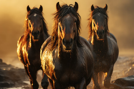 Horses live a life of freedom in wide grassy fields.Generated with AIの素材