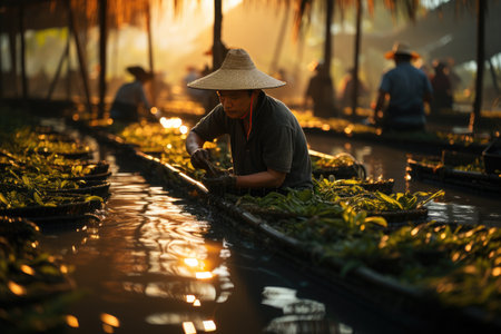 Fishermen cultivate and research shrimp in organic farms, catch shrimp to sell in market,の素材
