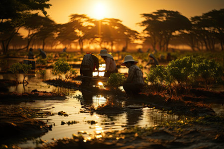 Fishermen cultivate and research shrimp in organic farms, catch shrimp to sell in market,の素材