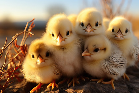chickens exploring the farm, roaming freely in a grassy field,Generated with AIの素材