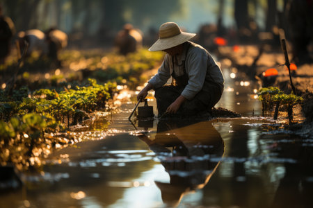 Fishermen cultivate and research shrimp in organic farms, catch shrimp to sell in market,の素材