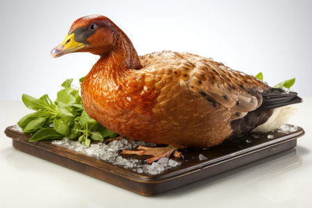 Farmer feeding the ducks by the pond.Duck coop with ducks resting inside at farm,Generated with AIの素材