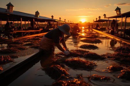 Fishermen cultivate and research shrimp in organic farms, catch shrimp to sell in market,の素材
