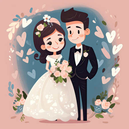 A lovely vector illustration of an adorable wedding couple,の素材