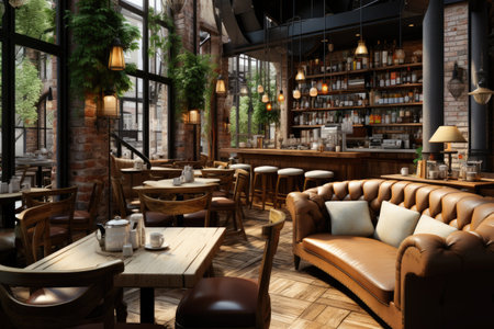 Coffee shop ambiance, barista brewing, and cozy corners.の素材