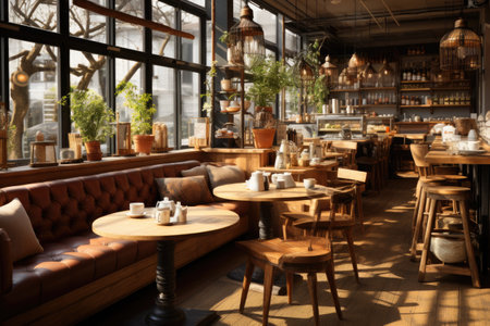 Coffee shop ambiance, barista brewing, and cozy corners.の素材