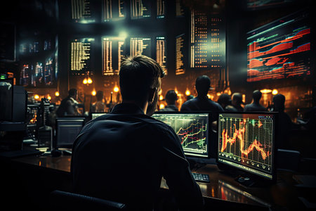 Stock Market: Traders analyzing charts and stock tickersの素材