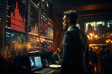 Stock Market: Traders analyzing charts and stock tickersの素材