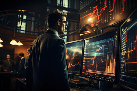 Stock Market: Traders analyzing charts and stock tickersの素材