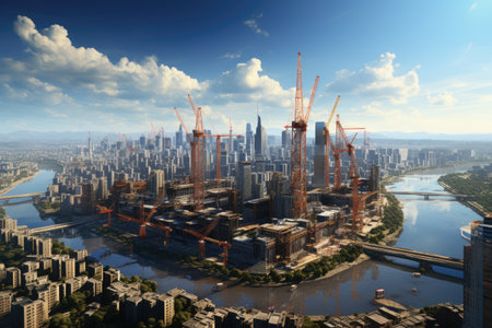 Skyscraper Construction: Towering cranes and steel girders shaping the urban skylineの素材