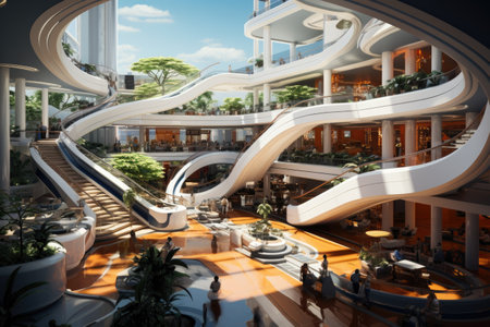 Shopping Mall Build: A retail complex under construction with a bustling workforce.の素材