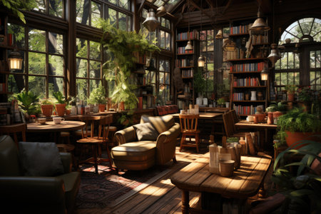 Cozy Bookstore: Shelves of books, comfy reading booksの素材