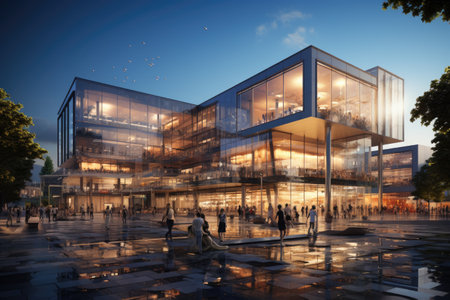 Shopping Mall Build: A retail complex under construction with a bustling workforce.の素材