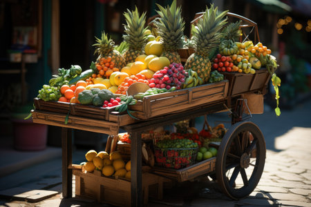 Fruit Cart Vendor: Offering fresh fruits on a street corner.の素材