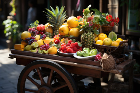 Fruit Cart Vendor: Offering fresh fruits on a street corner.の素材