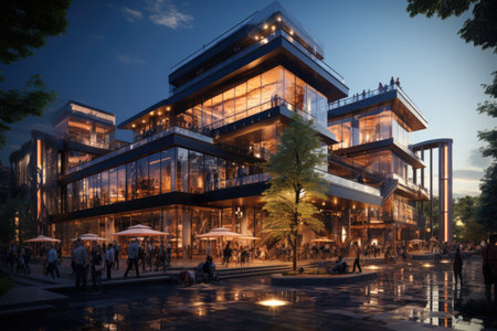Shopping Mall Build: A retail complex under construction with a bustling workforce.の素材