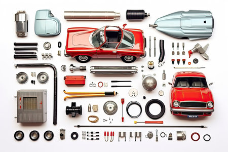 knolling of car repair equipment,isolated white backgroundの素材