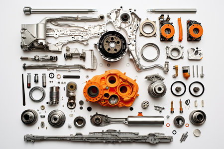 knolling of car repair equipment,isolated white backgroundの素材