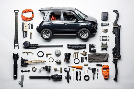 knolling of car repair equipment,isolated white backgroundの素材