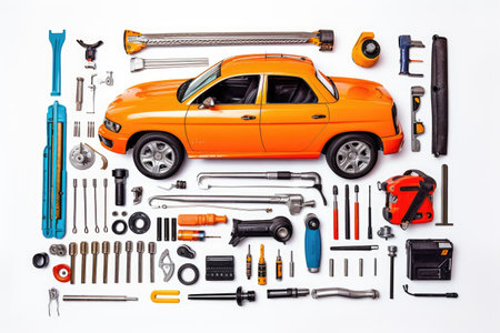 knolling of car repair equipment,isolated white backgroundの素材
