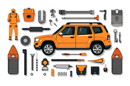 knolling of car repair equipment,isolated white backgroundの素材