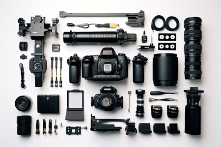knolling of camera equipment,isolated white backgroundの素材