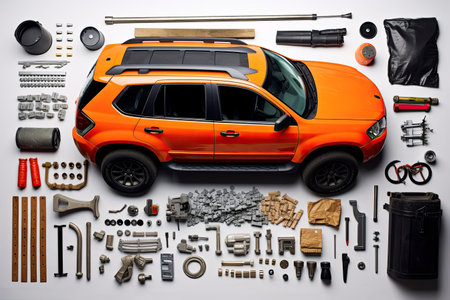 knolling of car repair equipment,isolated white backgroundの素材
