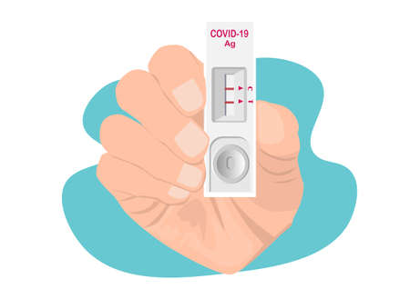 Human hand holding Rapid Antigen test kit, positive during COVID-19 test, Coronavirus clearance,...