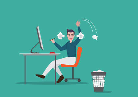 A young man working independently, he is very angry, can't think of a job for a customer. Throw the crumpled paper in the trash. flat style cartoon vector illustrationのイラスト素材