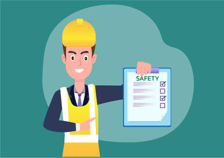 Male engineer, safety inspector holding an industrial factory board checklist. Stand in front of the workplace for safety first. Safety first concept. flat style cartoon vector illustrationのイラスト素材
