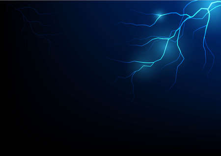 Thunder bolt lightning, realistic thunderstorm electricity flash vector illustration. Electric blue bright glowing danger light effect, abstract neon shock rays at night stormy sky dark backgroundのイラスト素材