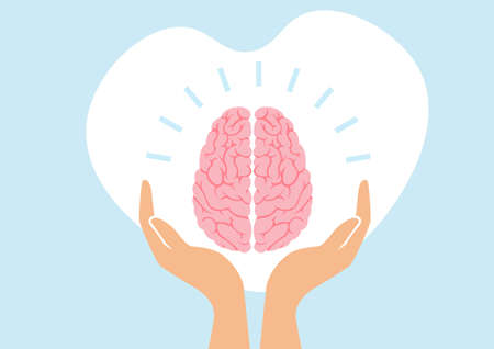 Psychotherapy. Flat style vector illustration. Concepts of psychology, emotions and psychotherapy. Mental health treatment metaphor. human hand holding human brainのイラスト素材