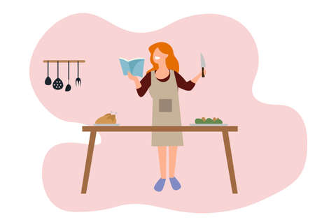 A woman is cooking and holding a cookbook to study chicken curry recipes. For dinnerのイラスト素材