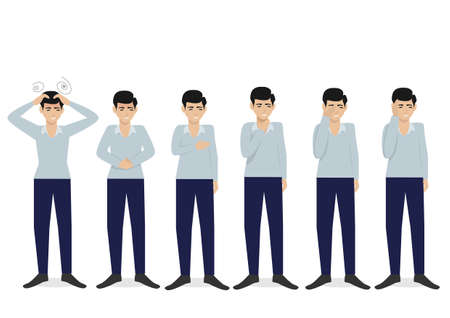 Young man in casual clothes standing in organ pain in different poses. Set isolated vector illustration.のイラスト素材