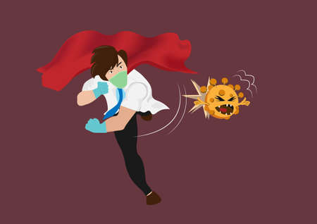 Doctor Hero in a Red Cloak Stands on the Protection Against Viruses. Vector Flat Cartoon Illustration.のイラスト素材