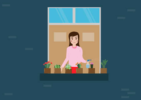 Lovely girl caring for a cactus that blooms beautifully on the balcony of a tall building.のイラスト素材