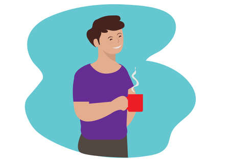 man smiling and hand holding glass of coffee. Man relaxing with warm coffee. Flat style cartoon illustration vectorのイラスト素材