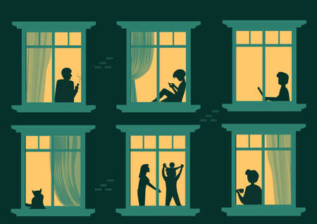Look at the neighbors in the windows. Cartoon characters in the apartment are people sitting,...