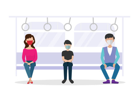 Man in mask ride subway metro bus train Characters in public transport Social Distances and Prevention of COVID-19, COVID-19 Keeping Distance in Public   Society.のイラスト素材