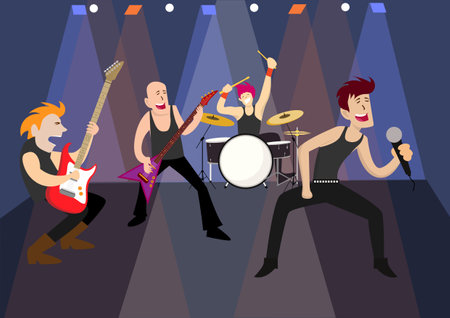 Ready male singer Musicians, guitars, drums and bass perform fun rock performances together.のイラスト素材