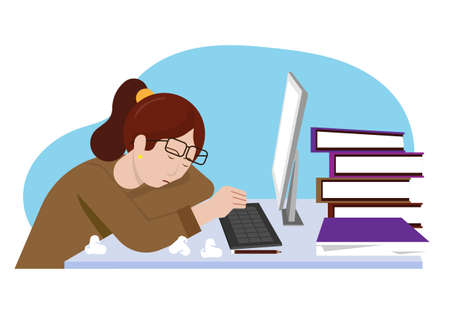 Tired woman in the office sitting asleep on the desk Long working day vector illustrationのイラスト素材