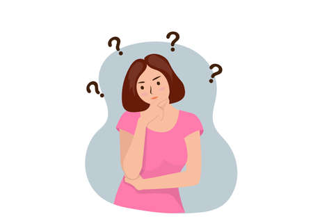 Woman thinks. Question. Thinking girl concept. Girl solves a problem. Cartoon thinking woman with question marks. Vectorのイラスト素材