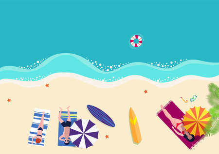 Vector illustration handsome young man and sexy girl in bikini sunbathing on the beach with beach...