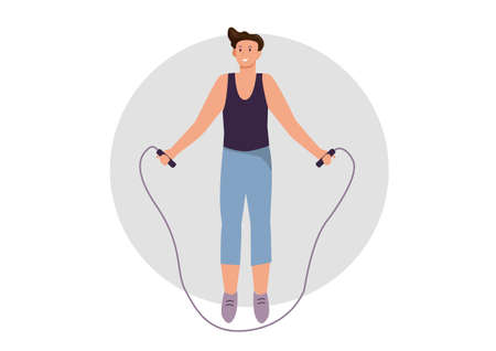 Men jump rope to encourage beautiful and healthy body. Flat style cartoon illustration vectorのイラスト素材