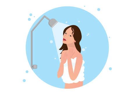 Woman taking a bath in the bathroom vector illustration of Happy women wash themselves with shampoo and soap.のイラスト素材