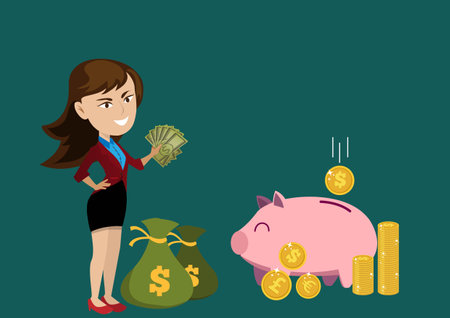 Successful business women have a bag of money And a large pink piggy bank Money saving ideas. Flat vector design illustrationのイラスト素材