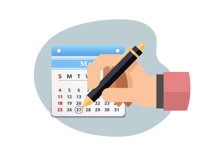 Hand with pen mark calendar. Vector flat illustrationのイラスト素材
