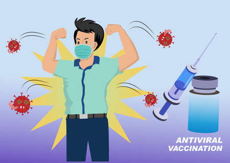 Humans or people are fighting the red corona or COVID-19 by getting a vaccine against the outbreak. Flat style cartoon illustration vector&#xD;&#xA;のイラスト素材