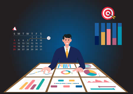 Business men marketing experts place their hands on a chart showing statistics. Flat style cartoon illustration vectorのイラスト素材