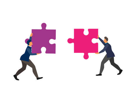 Business team concept two business people connect two elements Symbol of collaboration, cooperation, partnership. Flat style cartoon illustration vectorのイラスト素材
